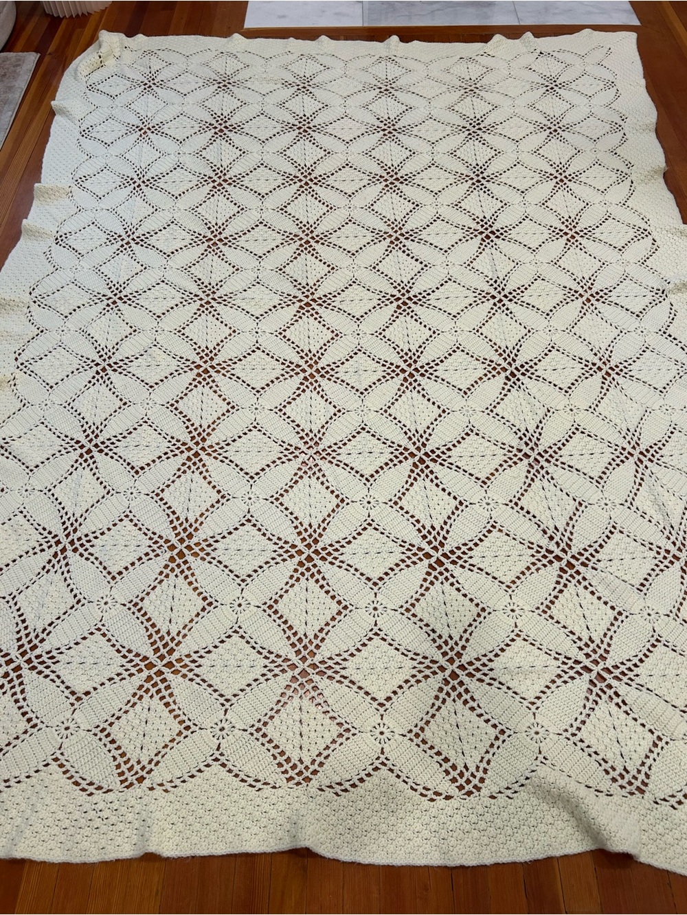 Handmade Vintage Crochet Afghan Blanket Buttercream Ivory 110” x 80” Oversized